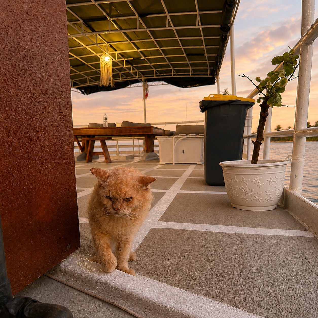 Odin, the ship's cat, on the aft deck at sunset
